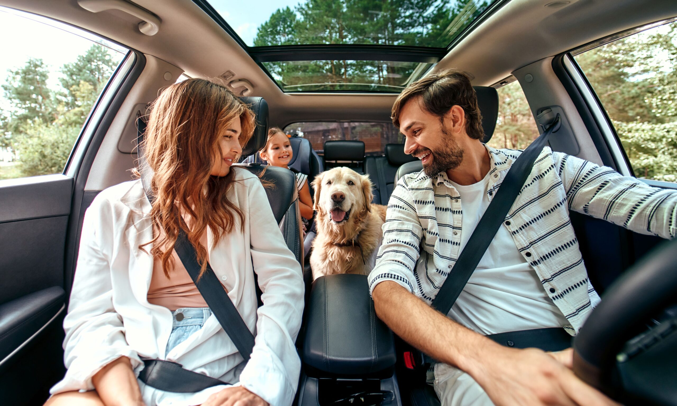 Eine Familie in einem Auto mit einem Hund