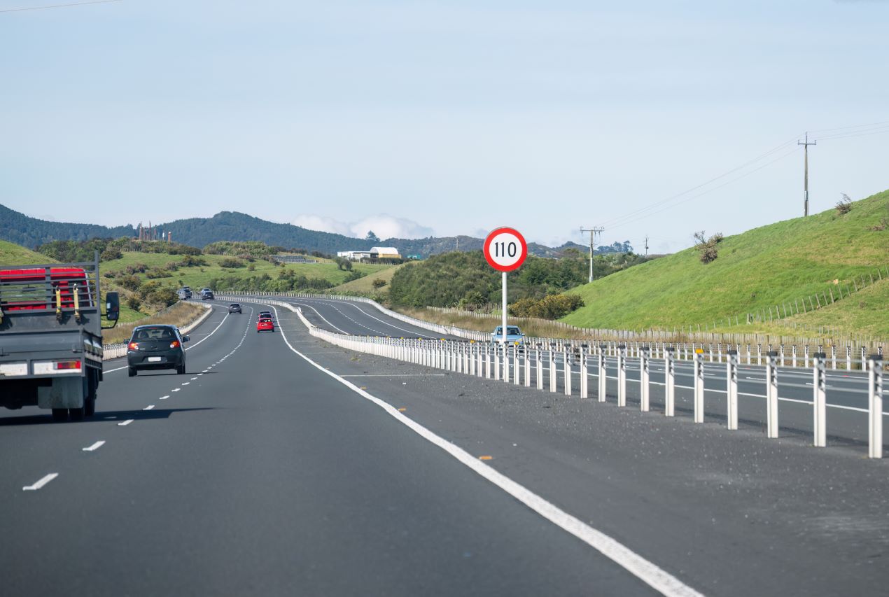 Eine gut ausgebaute Landstraße mit weißer Fahrbahnmarkierung und einer Geschwindigkeitsbegrenzung von 110 km/h sorgt für klare Orientierung im Straßenverkehr.