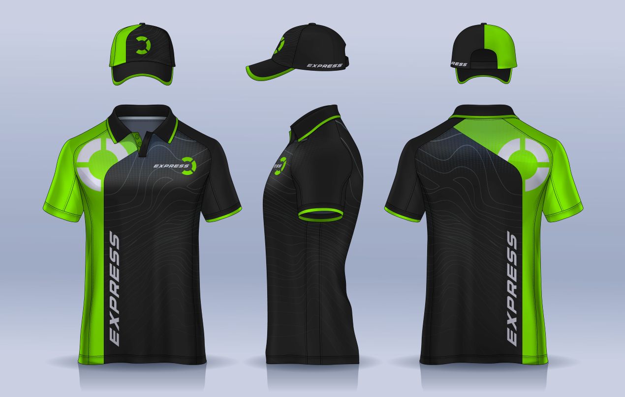 Sportliches Firmenoutfit mit grünschwarzem Design und Logo als Vorlage zum Firmenkleidung bedrucken