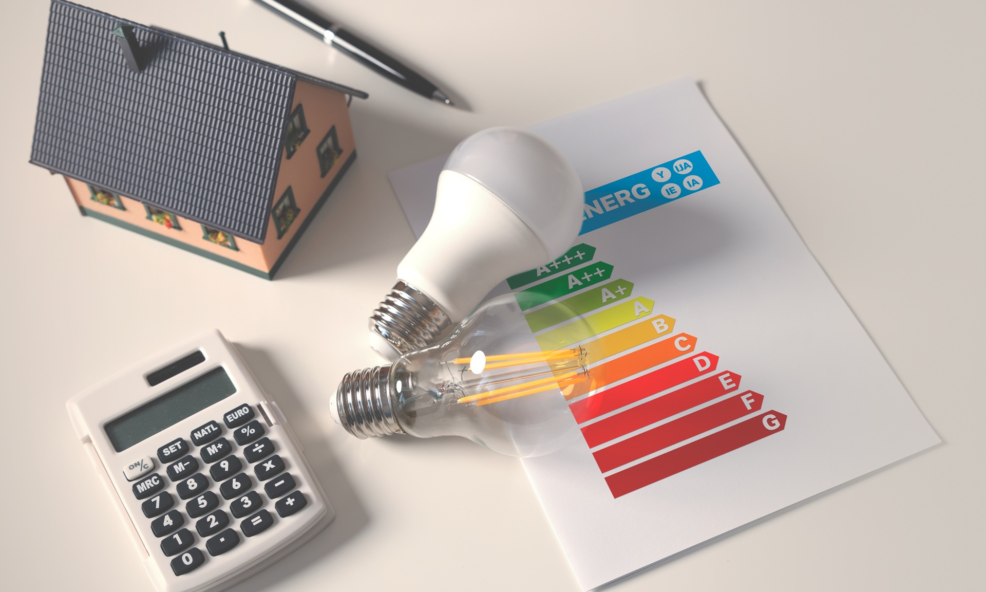 Modellhaus mit Energieeffizienzlabel und Leuchtmittel | Solaranlage Jena