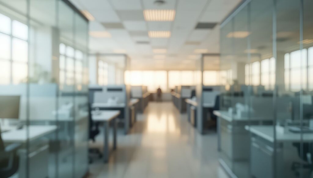 Unscharfer Blick in modernes Buero mit Glaswaenden als Symbol fuer Struktur und Zukunftsorientierung bei der Online Seminarverwaltung