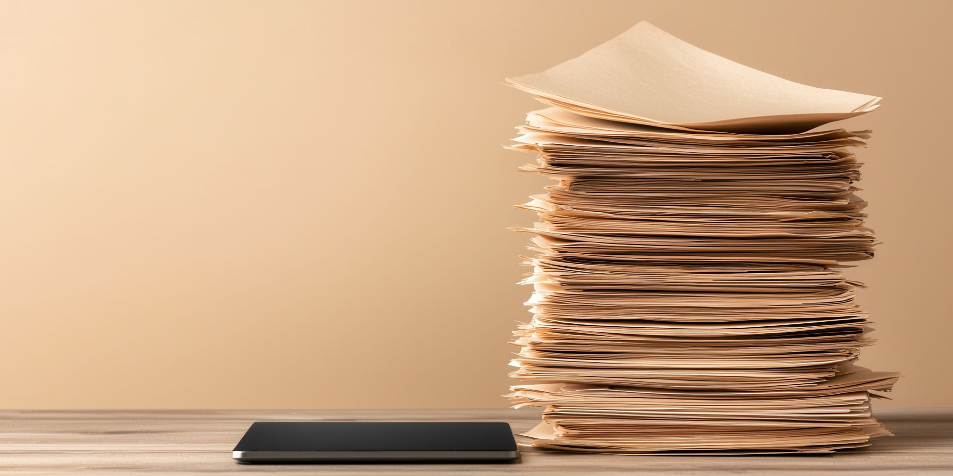 Papierstapel neben Tablet als Symbol fuer Uebergang von analoger Verwaltung zu digitaler Online Seminarverwaltung