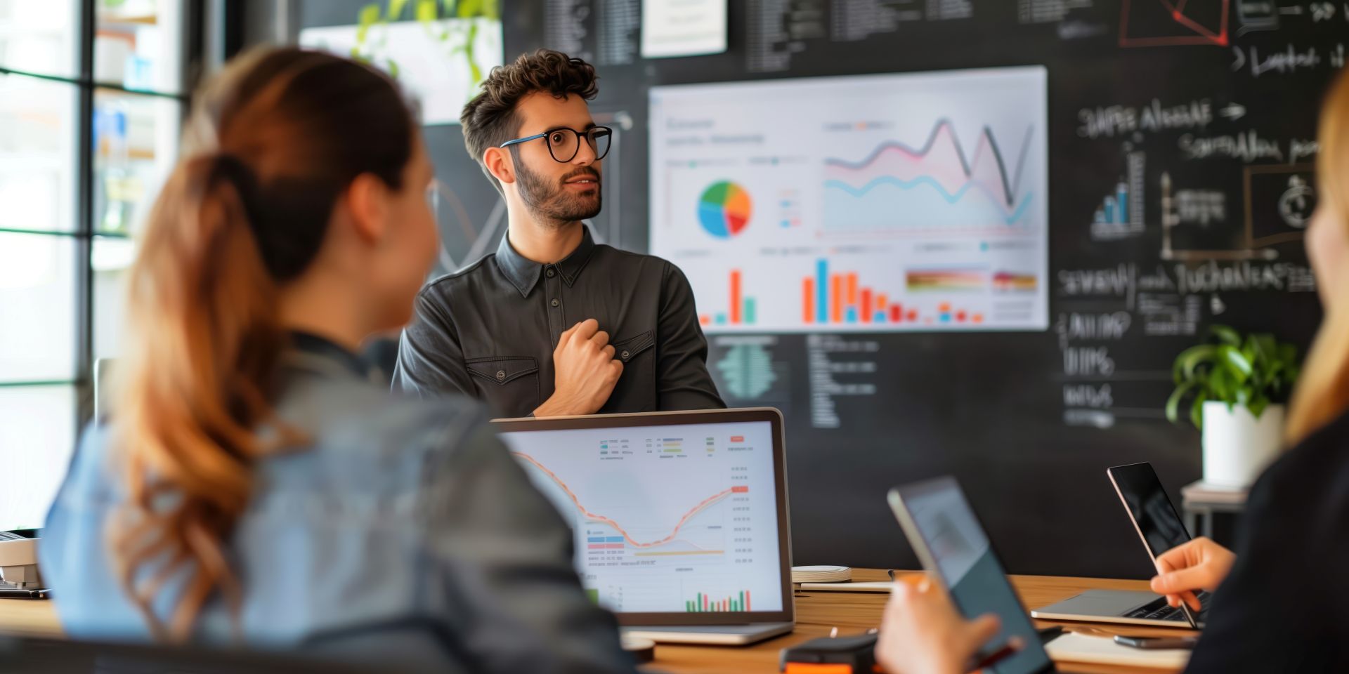 Team diskutiert vor digitalen Dashboards als Symbol fuer strategischen Wandel durch Online Seminarverwaltung